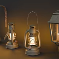 Vintage Lanterns With Lit Candles And Metal Frames On Dark Background