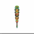 Colorful Tribal Decorative Weapon with Stacked Carved Masks and Long Wooden Shaft Design