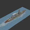 Vintage Battleship Sailing On Blue Sea With Multiple Towers Cannons And Smoke