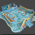 Kids Playground With Blue Water Wave Design Slide Climbing Frame And Cartoon Elements