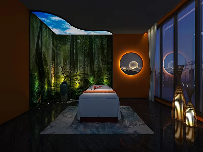 Serene SPA Sauna Interior With Massage Bed Natural Green Backdrop Circular Lighting And City View 3d model