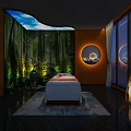 Serene SPA Sauna Interior With Massage Bed Natural Green Backdrop Circular Lighting And City View