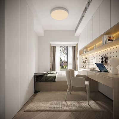 Modern Tatami Bedroom With White Wardrobes Window Desk Two Chairs And Carpet 3d model