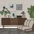 Wooden Entryway Console Table With Decorative Paintings Table Lamp And Green Plants