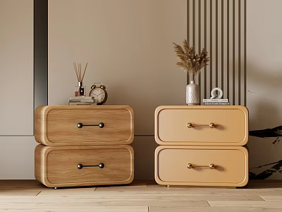 Modern Wooden Bedside Tables With Two Drawers Decorative Vase Incense And Clock 3d model
