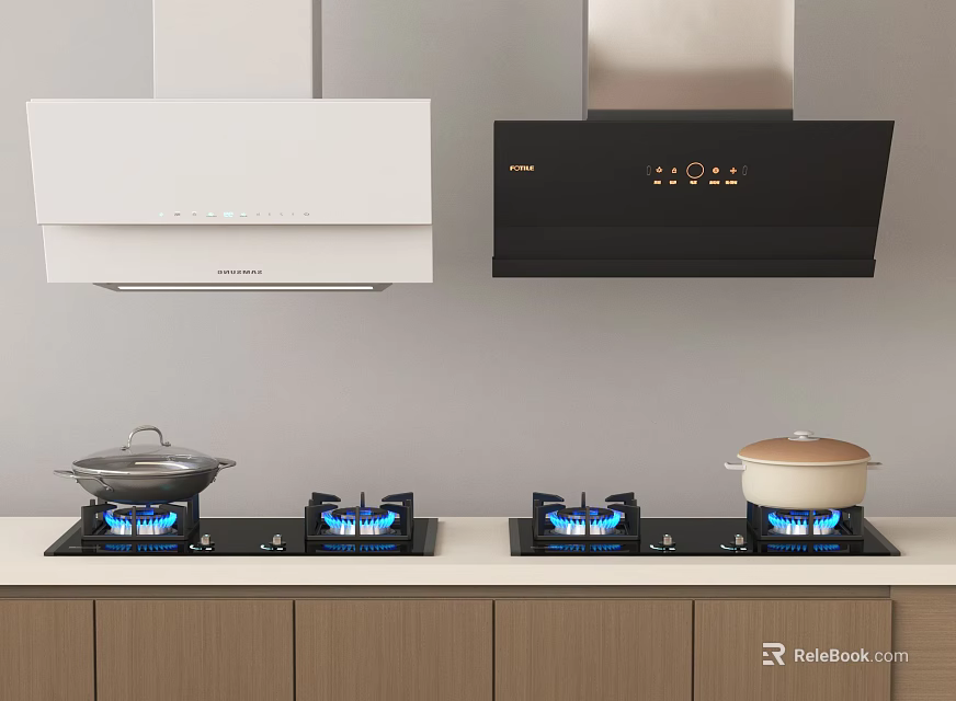 Modern Kitchen Appliances Including White Black Range Hoods Gas Stoves With Blue Flames And Pots 3d model 