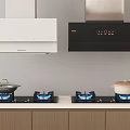 Modern Kitchen Appliances Including White Black Range Hoods Gas Stoves With Blue Flames And Pots
