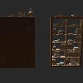 Wooden Bookcases with Multiple Shelves Filled with Books and Decorative Items Skull Vase Stacked Books
