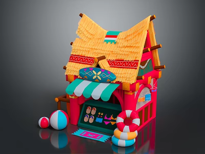 Vibrant Beach Hut Building Featuring Thatched Roof Green White Striped Awning Lifebuoy And Colorful Balls 3d model