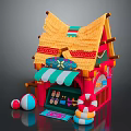 Vibrant Beach Hut Building Featuring Thatched Roof Green White Striped Awning Lifebuoy And Colorful Balls