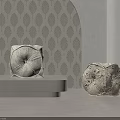 Carved Concrete Stools In Modern Interior With Leaf Pattern Wallpaper And Beige Floor 3d model