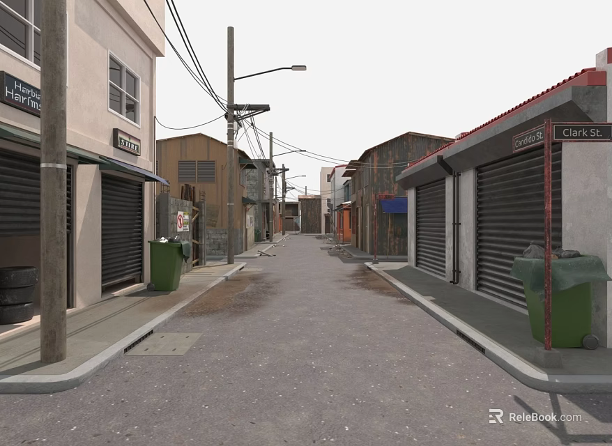 Urban Narrow Street With Buildings Roller Shutters Trash Bins Street Lamps Overhead Power Lines 3d model 