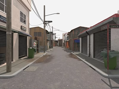 Urban Narrow Street With Buildings Roller Shutters Trash Bins Street Lamps Overhead Power Lines 3d model