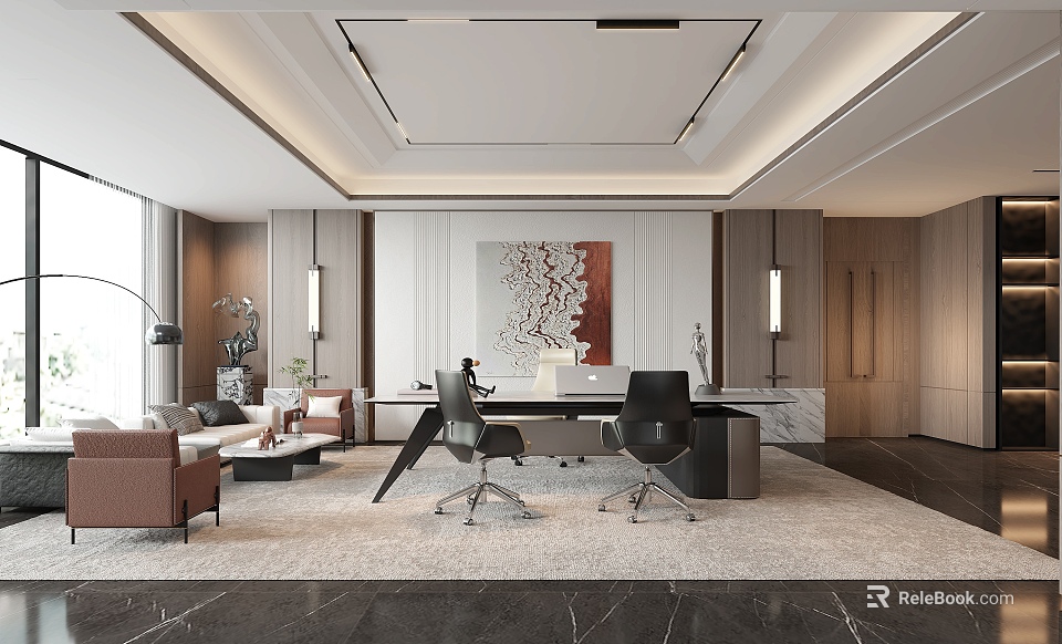 Modern Office Interior Design With Executive Desk Ergonomic Chairs Comfortable Sofa And Artwork 3d model 