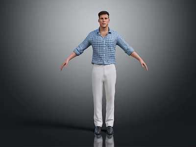 Men's Casual Blue Checkered Shirt With White Pants And Leather Shoes 3d model