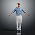 Men's Casual Blue Checkered Shirt With White Pants And Leather Shoes