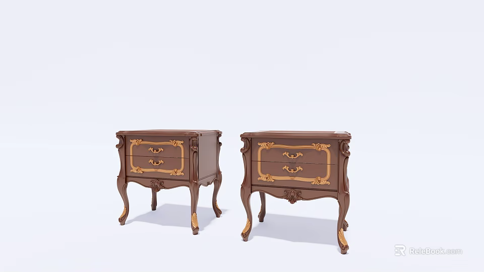 Pair of Traditional Carved Wooden Bedside Tables With Gold Accents Drawers And Decorative Legs 3d model 