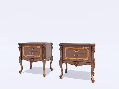 Pair of Traditional Carved Wooden Bedside Tables With Gold Accents Drawers And Decorative Legs 3d model