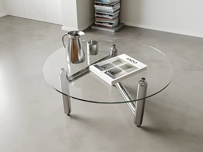 Round Glass Top Coffee Table With Metal Legs Metal Kettle Small Cups And Magazine 3d model