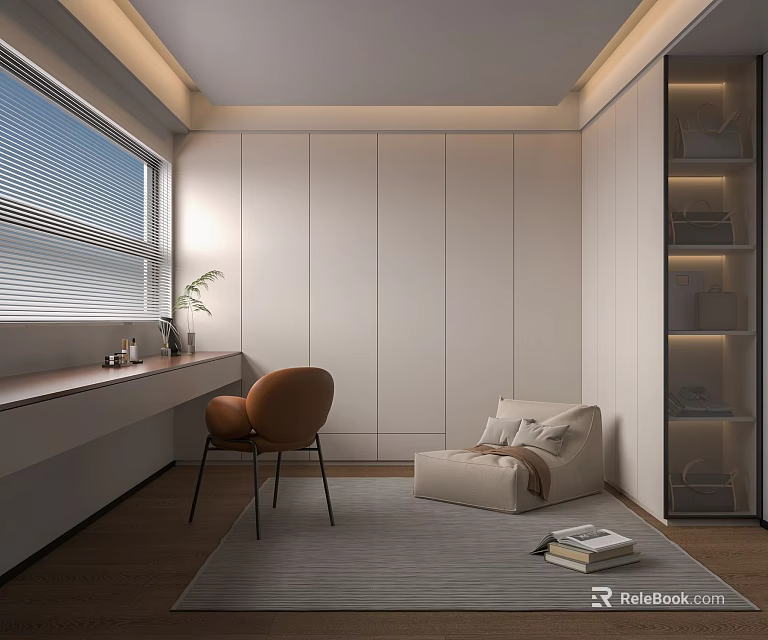 Modern Light Beige Full Height Wardrobe With Glass Display Area For Cozy Minimalist Bedroom Interior 3d model 
