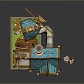 Detailed Fairy Tale Cottage Model With Windmill Blue Roof Wooden Structure Chimney And Staircase