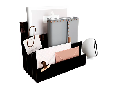 Organized Books Magazines With Envelopes And Paper Clip In Black Storage Box 3d model