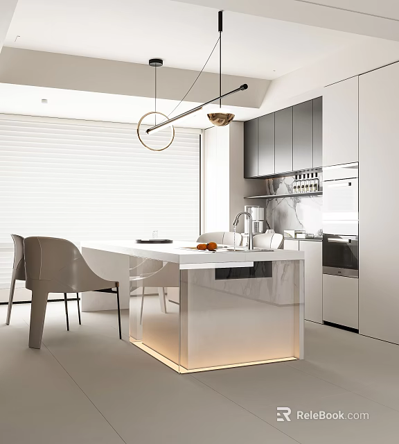Modern Restaurant Interior With Open Kitchen Marble Island Dining Table And Hanging Lights 3d model 