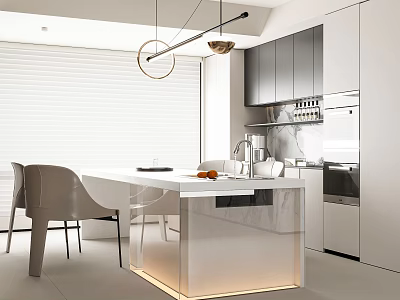 Modern Restaurant Interior With Open Kitchen Marble Island Dining Table And Hanging Lights 3d model