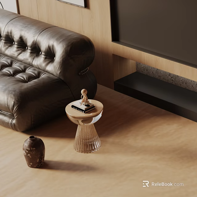 Modern Minimalist Side Table With Leather Sofa Wooden Floor And Decorative Vase 3d model 