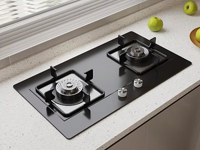 Black Glass Gas Hob On White Countertop With Green Apples And Window Blinds 3d model