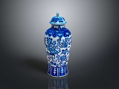 Traditional Blue And White Vase Sculpture Carving With Intricate Patterns And Lid Design 3d model