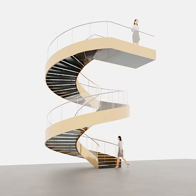 Modern Spiral Staircase Interior Design With Metal Handrails And People Walking 3d model