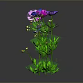 Colorful Flowers with Green Stems and Leaves on Gray Background with Reflective Surface