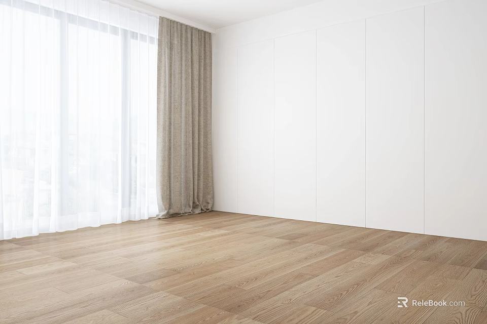 White Sheer and Beige Lined Curtains in Modern Minimalist Room with Wooden Floor 3d model 
