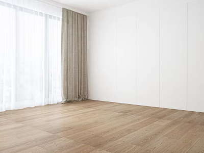 White Sheer and Beige Lined Curtains in Modern Minimalist Room with Wooden Floor 3d model