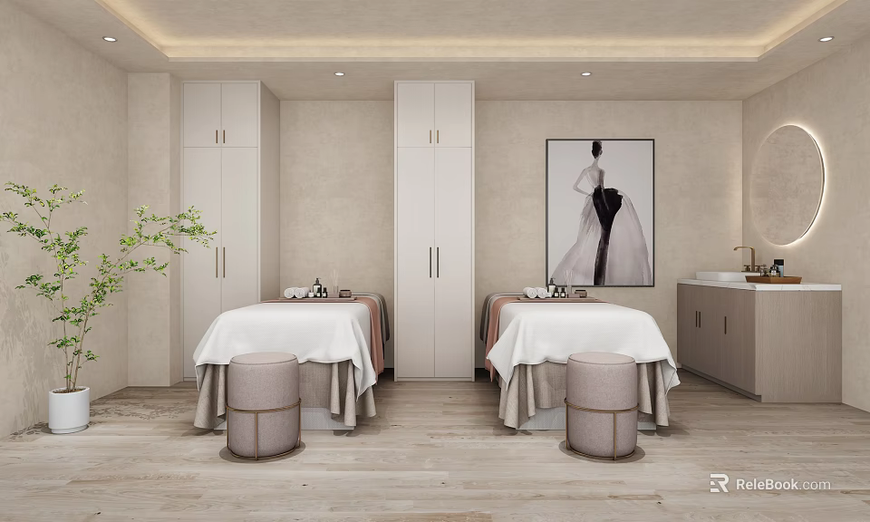Serene Spa Room With Massage Beds And Cabinets 3d model
