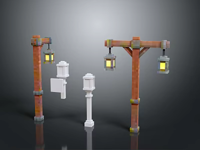 Outdoor Decorative Furniture With Brown Wooden Posts White Signposts And Hanging Lanterns 3d model