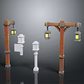 Outdoor Decorative Furniture With Brown Wooden Posts White Signposts And Hanging Lanterns