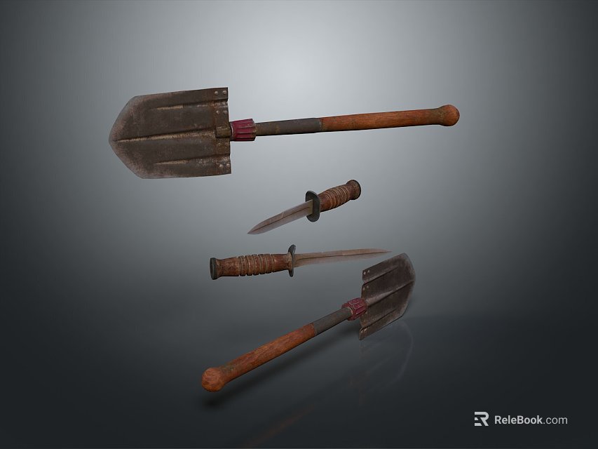 Vintage Wooden Handle Tool Combination Featuring Shovel Knife And Small Spade 3d model 