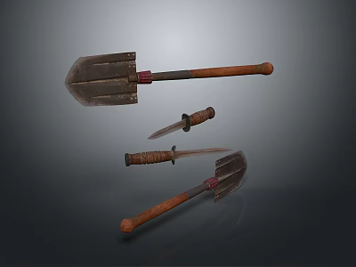 Vintage Wooden Handle Tool Combination Featuring Shovel Knife And Small Spade 3d model