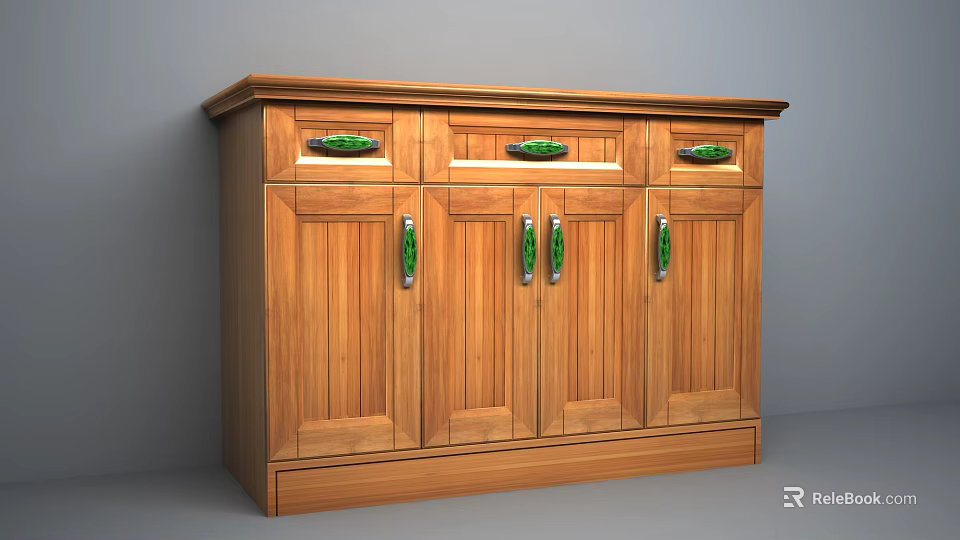 Wooden Entryway Cabinet Sideboard With Green Handles Drawers And Storage Design 3d model 