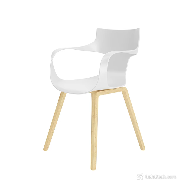 Modern White Single Chair With Curved Armrests And Wooden Legs 3d model 