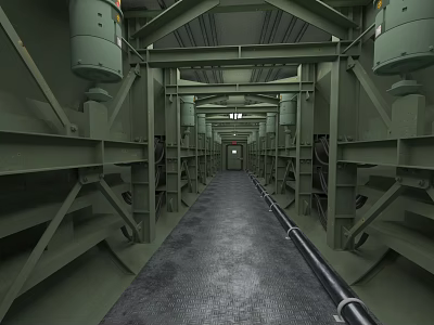 Green Metal Framed Elevator Aisle With Pipes Non slip Floor And Ceiling Lights 3d model