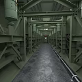 Green Metal Framed Elevator Aisle With Pipes Non slip Floor And Ceiling Lights