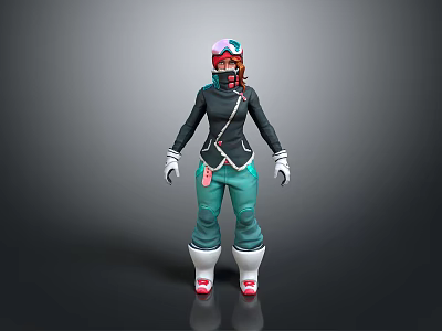 Woman in Ski Outfit with Helmet Goggles Dark Jacket Green Pants and Red Ski Boots 3d model