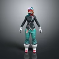 Woman in Ski Outfit with Helmet Goggles Dark Jacket Green Pants and Red Ski Boots