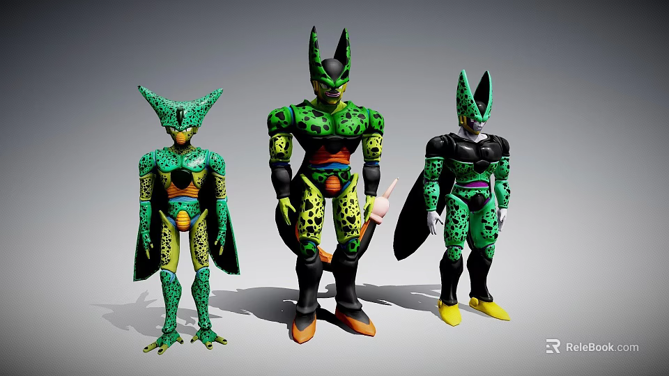 Three Green Character Action Figures With Spotted Patterns And Varied Poses 3d model 