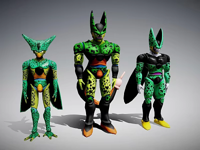 Three Green Character Action Figures With Spotted Patterns And Varied Poses 3d model
