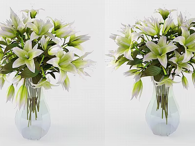 Beautiful White and Green Lilies Arranged in Transparent Glass Vase for Home Decoration 3d model