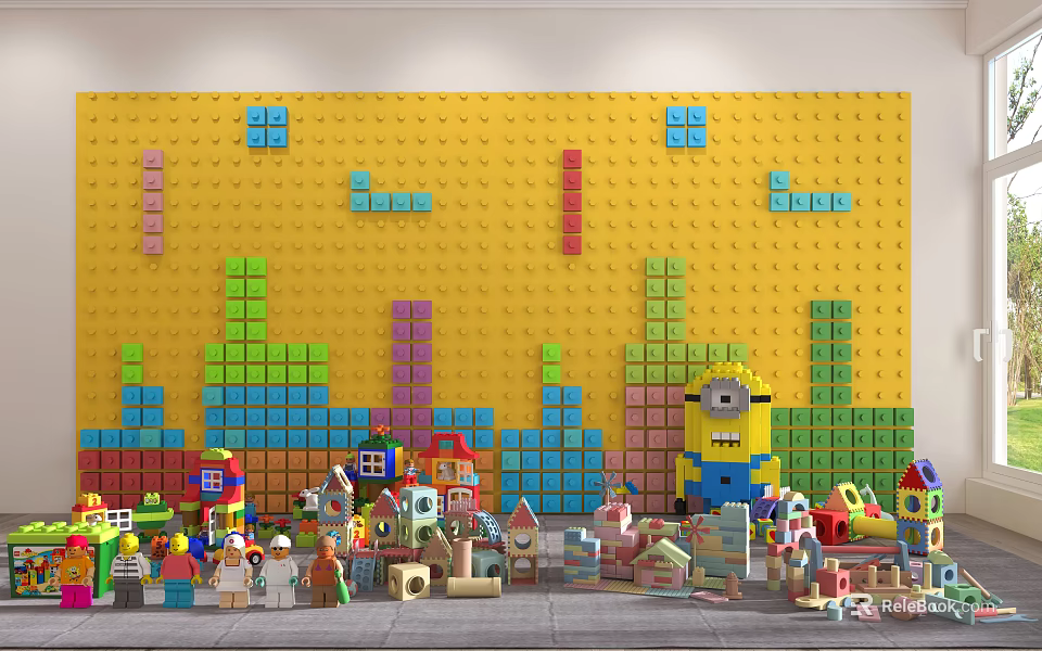 Yellow Building Blocks Wall With Colorful Bricks Minion Figure Houses And Vehicles 3d model 